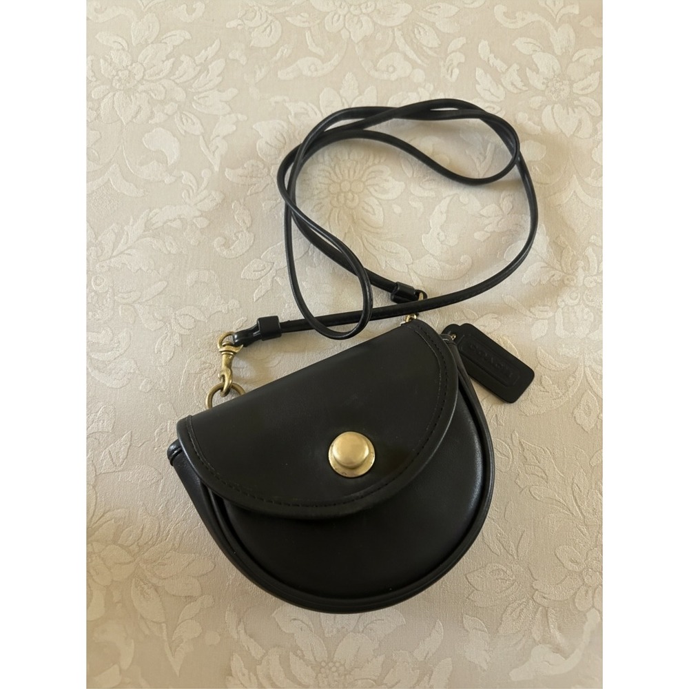 Vintage Coach Black Leather Mini Saddle Crossbody Bag Brass USA